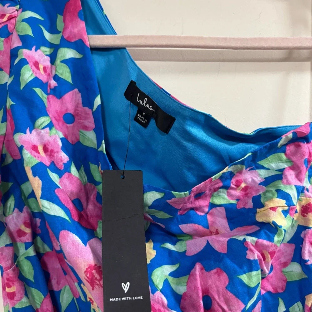 Lulu's Blue and Pink Asymmetrical One Shoulder Dress - Picture 3 of 5